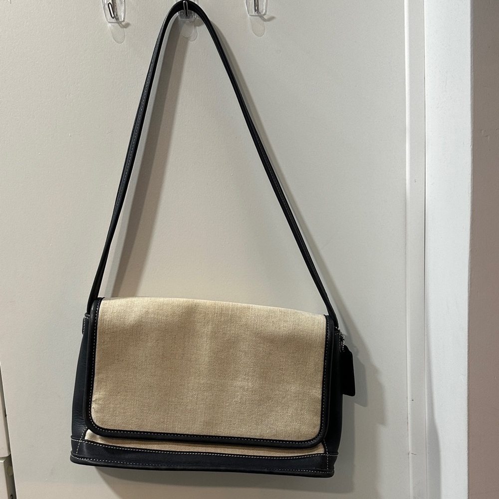 Coach Navy and Tan Canvas with Leather Trim Shoulder Bag